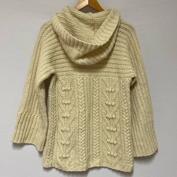 Hand Knit Wool Cable Hoodie Sweater Cream Chunky Flared Cuff Cottage Core Medium - Picture 2 of 12